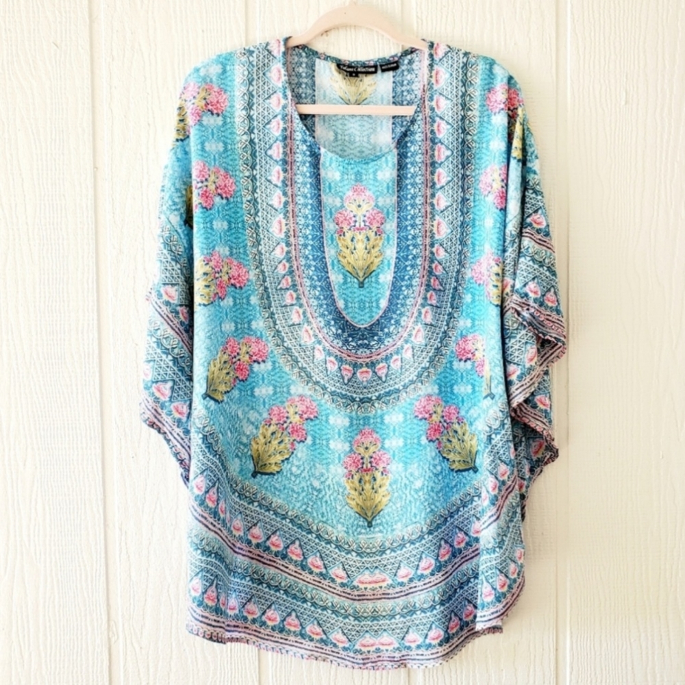Tolani Boho Floral Poncho Tunic Blue Small